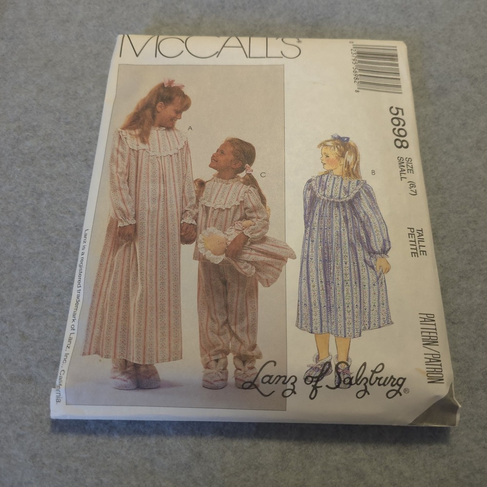 McCall's 5698 Lanz of Salzburg Nightgown Pajamas Pattern Sz 6-7 Girls Uncut VTG‎